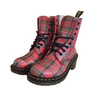 Dr. Martens Clemency Tartan Plaid Red 8-Eye Heeled Women's Boots Size 6